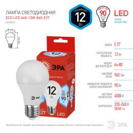 Лампа светодиодная ЭРА E27 12W 4000K матовая ECO LED A60-12W-840-E27 Б0030027  - 2 купить